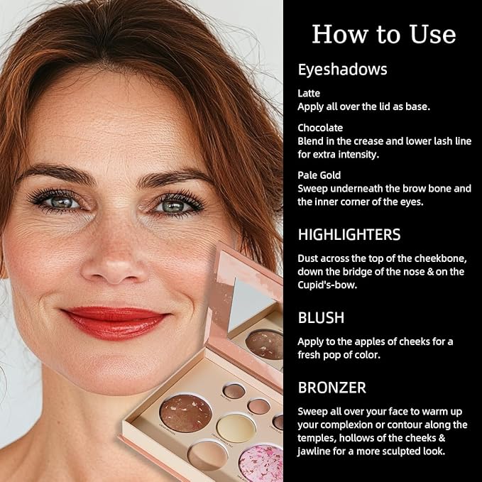 Baked Face and Eye Makeup Palette with Bronzer, Blush, 2 Highlighters & 3 Eyeshadows, Smooth Blendable Powder, Neutral Shades, Travel Compact Gift Set for Women
