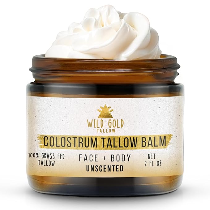 Wild Gold Tallow 100% Grass Fed Tallow Balm with Colostrum & Emu Oil - Handmade Whipped Beef Tallow for Face and Body, Sensitive Skin Tallow Moisturizer made with True First Colostrum, (Unscented)
