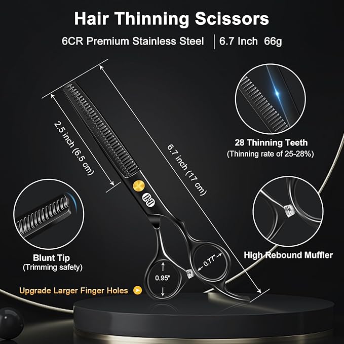 CIICII Hair Cutting Scissors Shears Kit, 6.7″ Barber Scissors Set (Black)