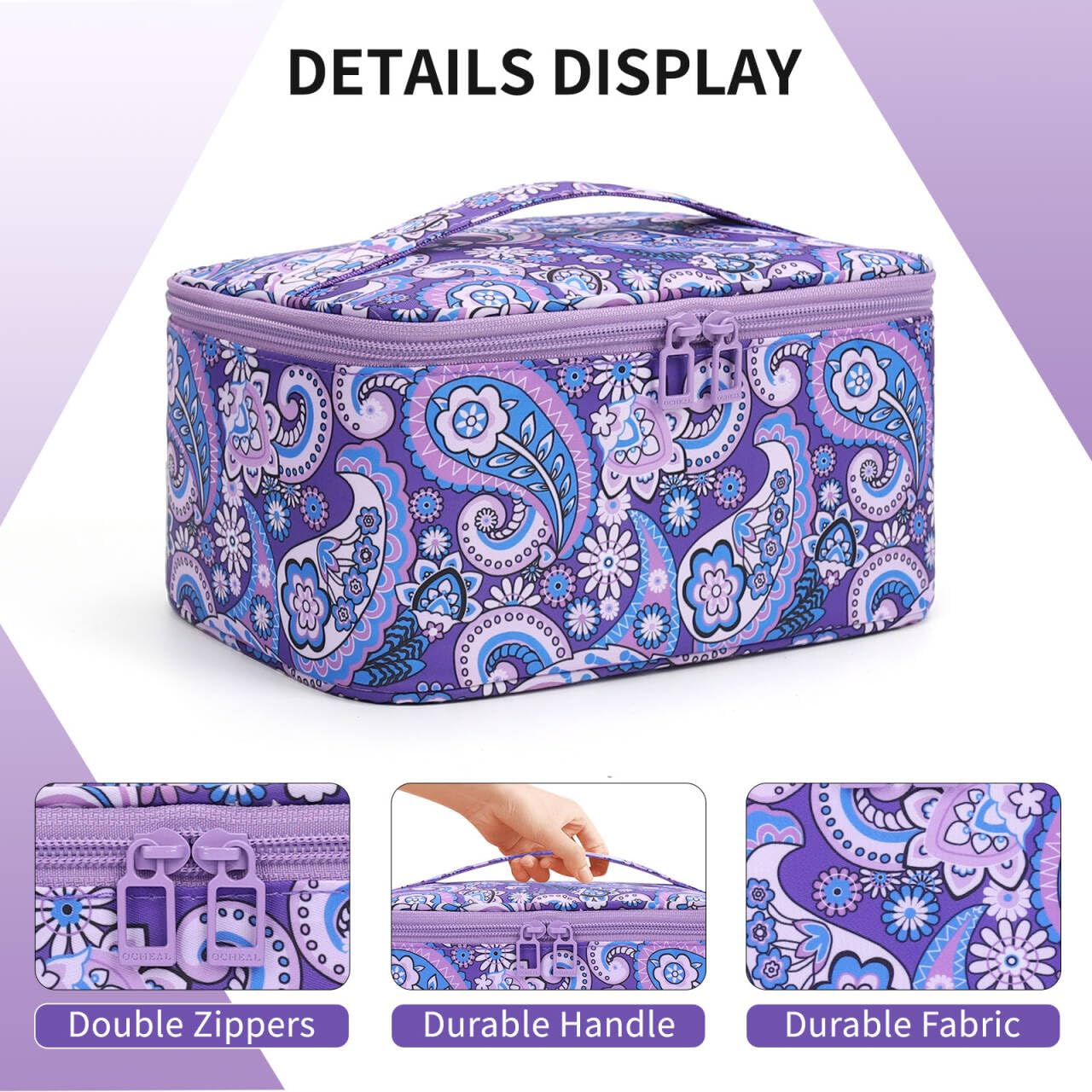 OCHEAL Makeup Bag - Portable Large Capacity Travel Cosmetic Case for Women with Handle and Divider Toiletry Organizer for Girls on the Go -Purple