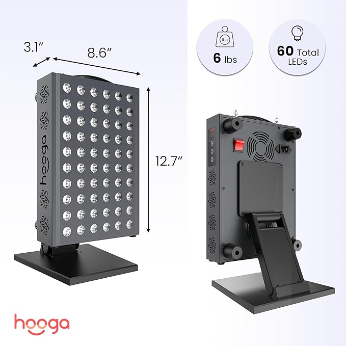 Hooga Red Light Therapy Panel Device – 660nm Red & 850nm Near Infrared Light Therapy, LED Light Therapy Lamp, 60 Dual Chip LEDs, Timer, Table Top Stand Included – PRO300
