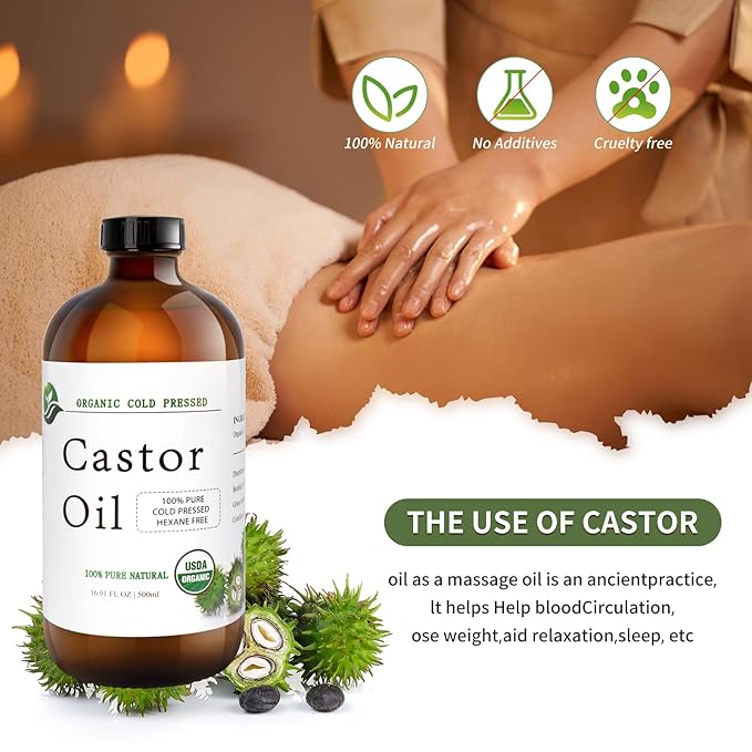 MAYLINK Castor Oil Organic Cold Pressed Unrefined Glass Bottle-Organic Certified 100% Pure Castor Oil,Hexane Free,Organic Castor Oil for Face,Hair Growth,Eyelashes,Caster 16.91fl.oz/500ml