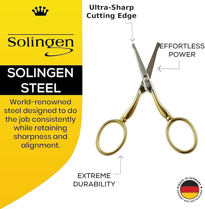 Camila Solingen CS06 Professional Hypoallergenic Gold Plated Rounded Safety Tip Scissors for Facial, Body & Nostril Hair. for Men Women & Kids. Made of Durable Carbon Steel in Solingen, Germany