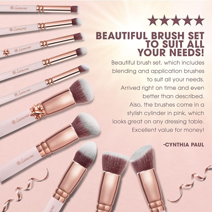 Lamora Kabuki Makeup Brush Set - 10 Essential Face, Eye, Precision Brushes