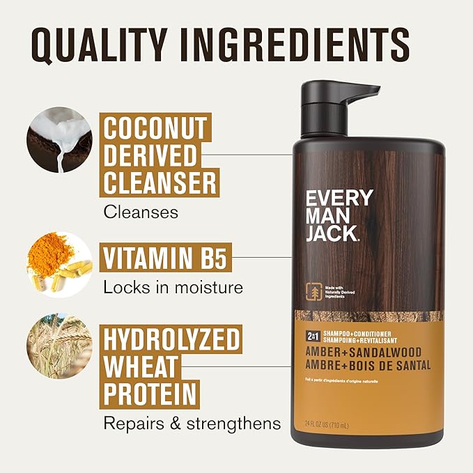 Every Man Jack Men's Shampoo & Conditioner 2-in-1, Amber Sandalwood, 24 oz