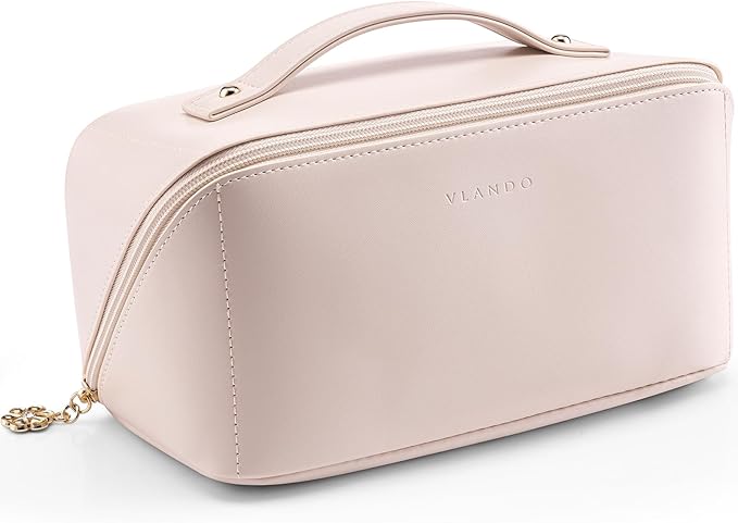 VLANDO Cosmetic Bag for Women with 180°Opening,Carry Handle,Apricot Pink