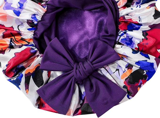 GDTOGRT Satin Silk Bonnet for Sleeping Women, Double Layer Sleep Hair Bonnets Caps for Curly Natural Hair with Tie Band - Purple-Mix