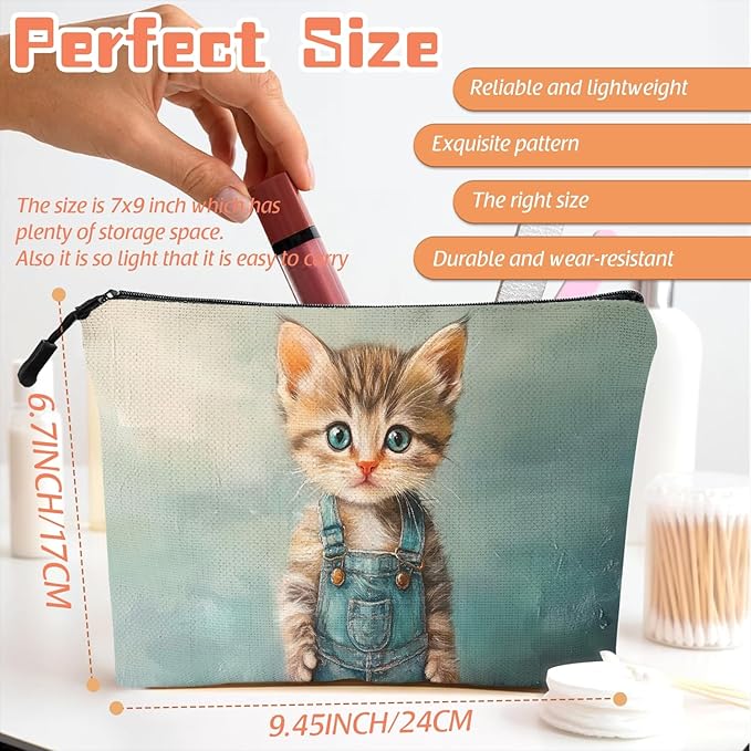 Scribesense Cosmetic Bags Travel Makeup Toilet Case Waterproof Pouch for Women Girls 6.7X9.45inches - The Adorable Allure of A Kitten in Blue Overalls