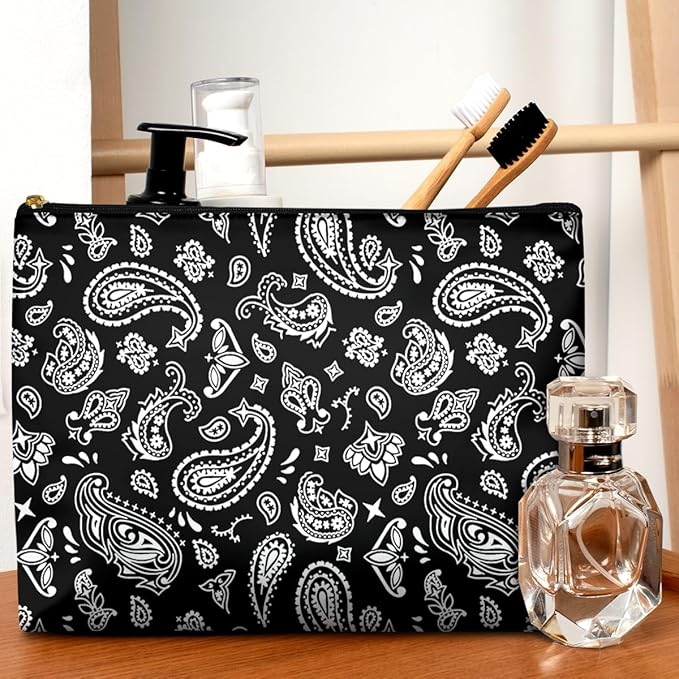 GEGEPINK Cute Makeup Bag for Purse Waterproof Cosmetic Bags for Women Funny Smooth Zipper Travel Toiletry Pouch 10X8 Inches-Paisley Floral-Black Makeup pouch