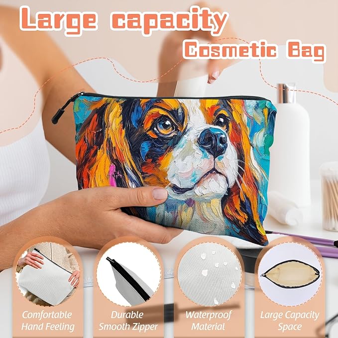 Scribesense Cosmetic Bags Travel Makeup Toilet Case Waterproof Pouch for Women Girls 6.7X9.45inches - Vivid Artistic - Spaniel Canvas
