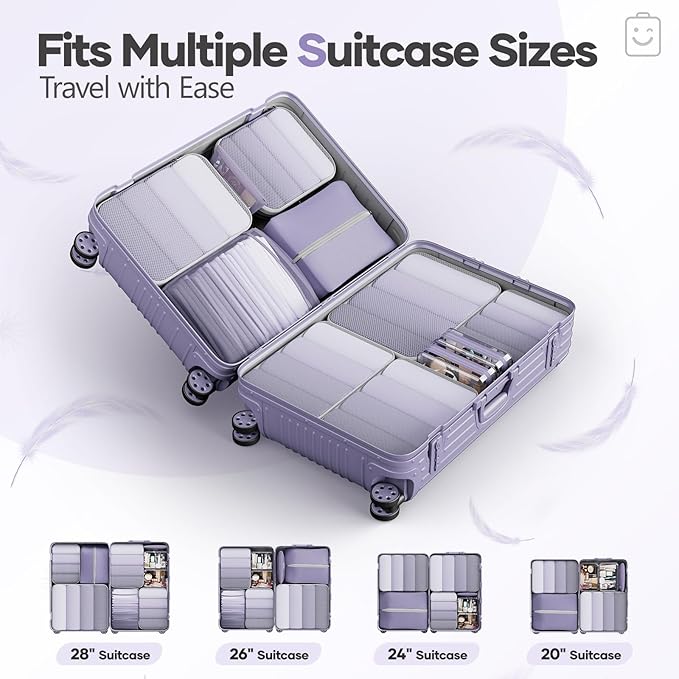 Veken 11 Set Compression Packing Cubes Garment Bags for Travel Essentials,Compressible Expandable Luggage Organizer Bags for Clothing,Space Saver Bags with Over 1000 pcs of Mesh Holes(Purple Gray)