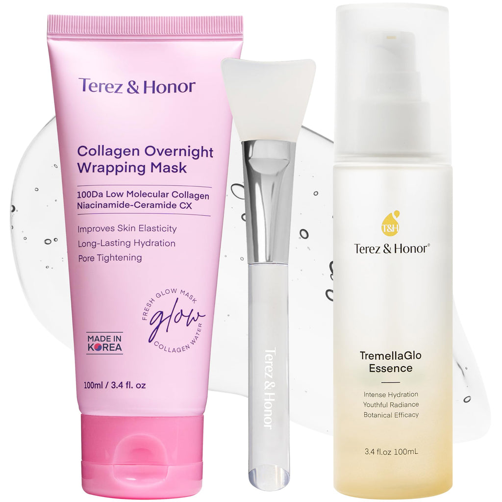 TEREZ & HONOR Collagen Night Wrapping Peel Off Mask & TremellaGlo Essence Face Serum Day & Night Glow Duo, for Elasticity, Hydrating & Glow, Korean Skincare, Dermatologist Tested