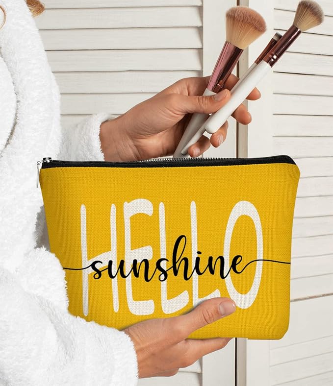BARPERY Hello Sunshine Summer Yellow Inspirational Makeup Bag, Cosmetic Bag Gift for Teen Girls, Women, Mom, Grandma, Teacher, Coworker