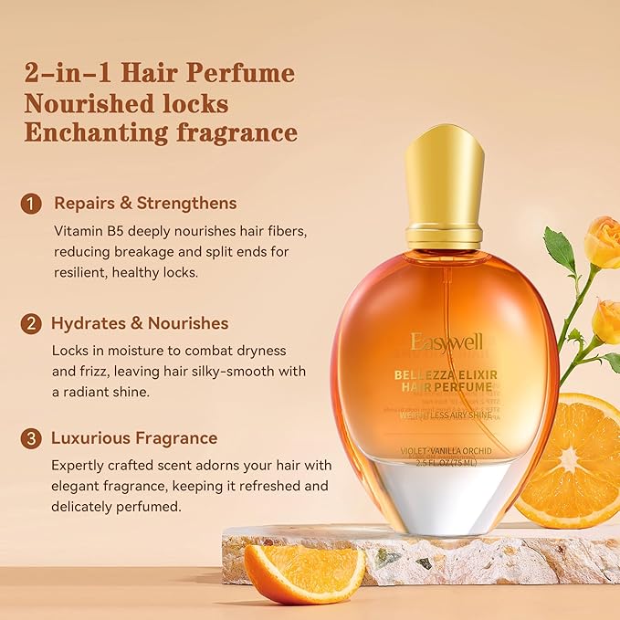 EASYWELL Hair Perfume for Women, Christmas Gift Birthday Gifts for Mom and girls, Leave In Conditioner Spray with Vitamin B5, Hair Care Fragrance, Hair Oil Mist, Violet Vanilla Orchid, 2.5 Fl Oz