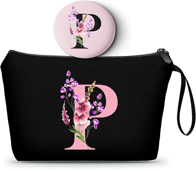 SEAMOON A-Z Womens Birthday Gifts, Initial Cute Makeup Bag with Mirror, P
