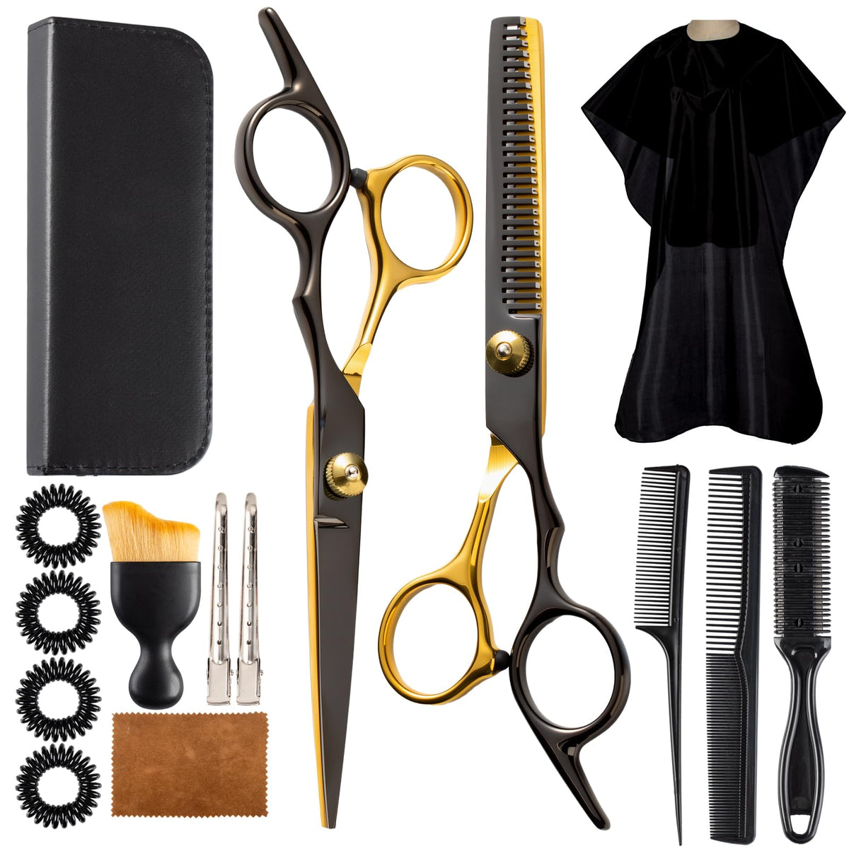 15 pcs Hair Cutting Scissors Professional, Thinning Shears for Hair Cutting, Black Gold Stainless Steel Barber Scissors, Lengnoyp Haircut Scissors Hair Cutting Kit for Women, Men