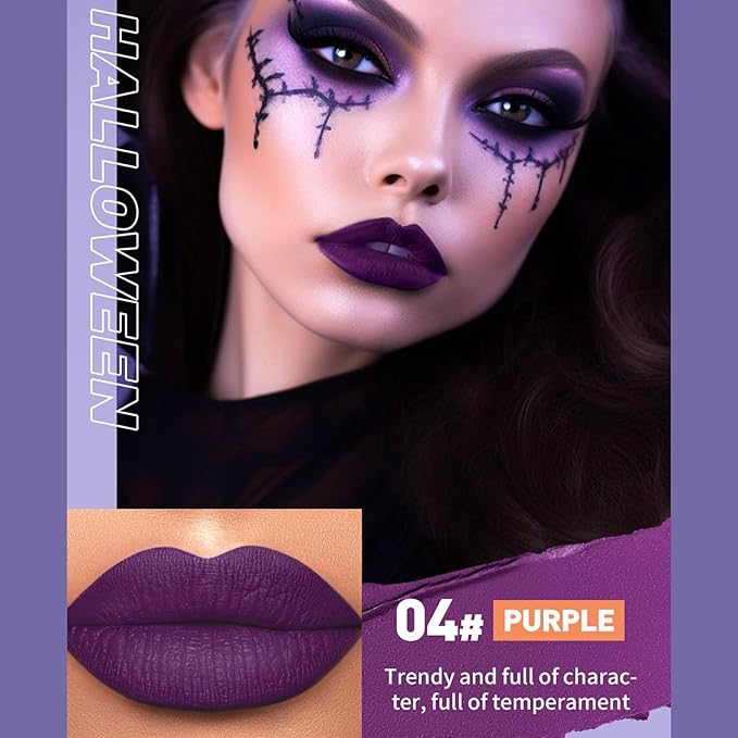 Domality 6pcs Matte Liquid Lipstick Makeup Set, Dark Black Green Purple Red Orange White Lip Gloss Kit With Case, Vivid Vampire Velvet Lip Stick for Halloween Cosplay Goth Costume Makeup