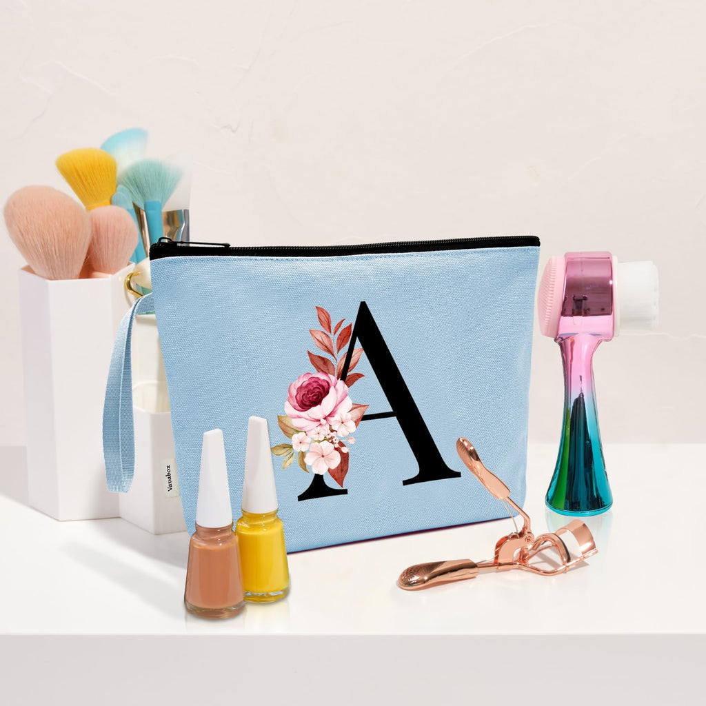 Vavabox A-Z Personalized Makeup Bag, Birthday Gifts for Women Mom, Gifts for Best Friend, Bride Bridesmaid Cosmetic bag (D, Blue)