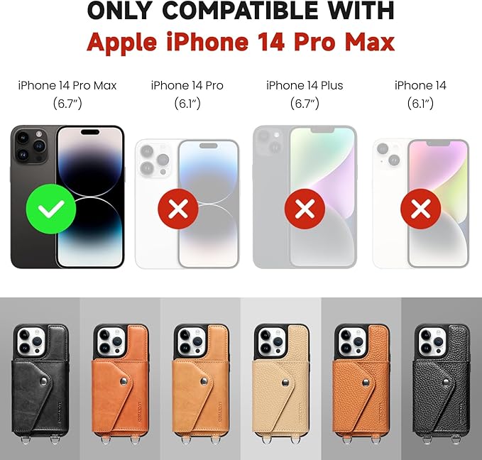 LUCKYCOIN Crossbody Wallet Phone Case for iPhone 14 Pro Max,100% Genuine Leather Wallet Phone Case with Expandable Flip Card Holder,Phone Purse for Women with Adjustable Removable Strap - Pebble Black