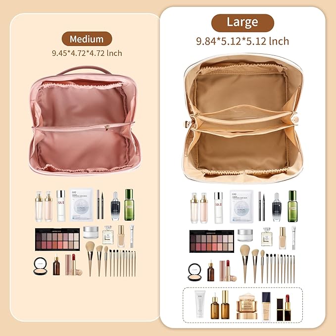 zaleeta Travel Makeup Bag, Large Capacity Cosmetic Organizer Bags for Women, Waterproof PU Leather Toiletry Bags, Wide Open Flat Makeup Case with Divider and Handle