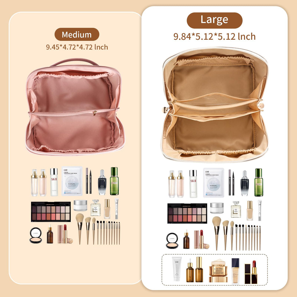 zaleeta Travel Makeup Bag, Large Capacity Cosmetic Organizer Bags for Women, Waterproof PU Leather Toiletry Bags, Wide Open Flat Makeup Case with Divider and Handle
