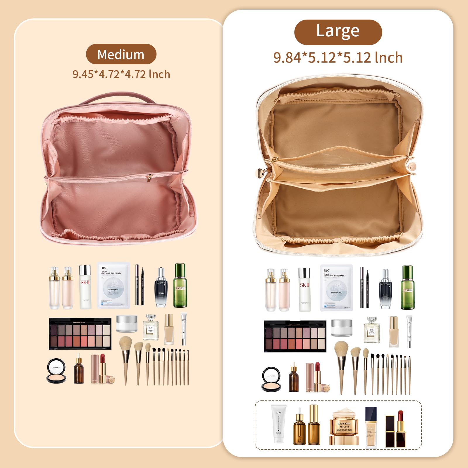 zaleeta Travel Makeup Bag, Large Capacity Cosmetic Organizer Bags for Women, Waterproof PU Leather Toiletry Bags, Wide Open Flat Makeup Case with Divider and Handle