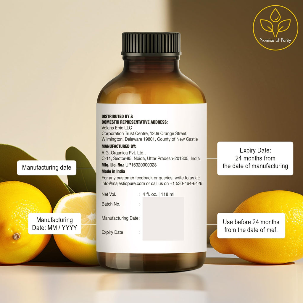 Majestic Pure Essential Oil with Glass Dropper - 100% Pure and Natural - Essential Oils for Diffuser, Aromatherapy, Soap and Candle Making, Lemon Essential Oil, Lemon Oil, 4 Fl Oz