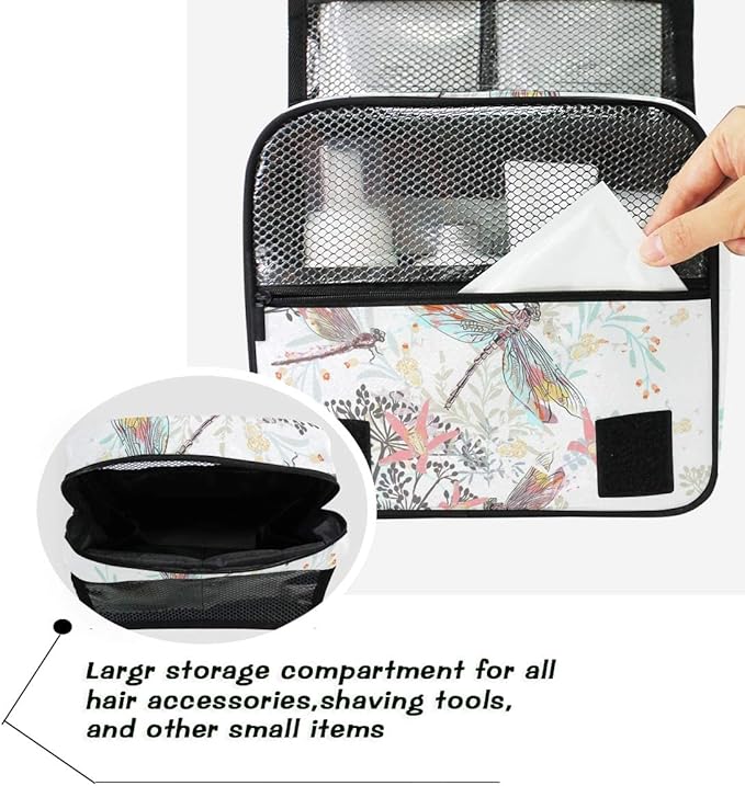 senya Hanging Travel Toiletry Bag Hippo Swimming Kit Makeup Case Cosmetics Organizer for Men Women (Flowers And Dragonfly)