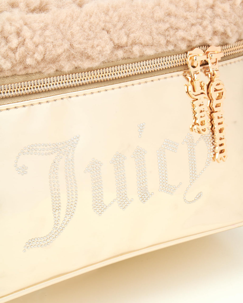 Juicy Couture Shiny Gold Makeup Bag, Faux Shearling Train Case, Rhinestones