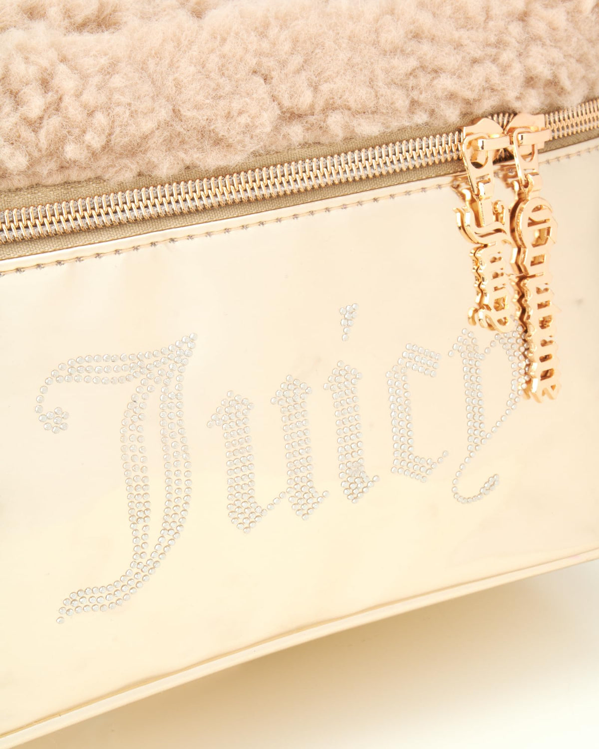 Juicy Couture Shiny Gold Makeup Bag, Faux Shearling Train Case, Rhinestones