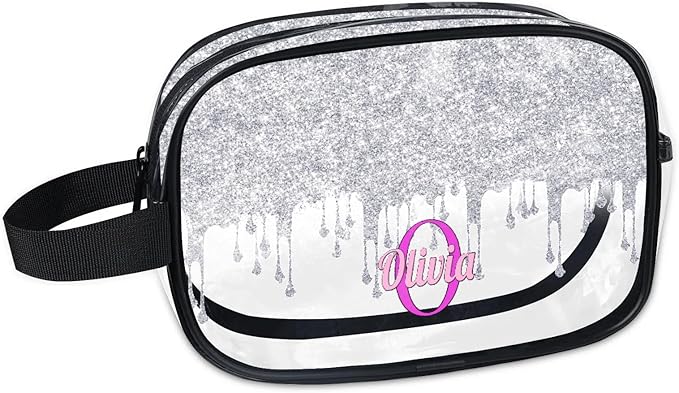 KFNHN Personalized Name Toiletry Bag, Transparent PVC Large Travel Cosmetic Bag Portable Makeup Organizer Bag for Women Bathroom Shower Essentials, Silver Curtain Glittering