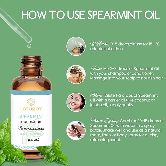 LOTUSJOY Spearmint Oil for Facial Hair, Skin, Diffuser, Room Spray, 1 Oz