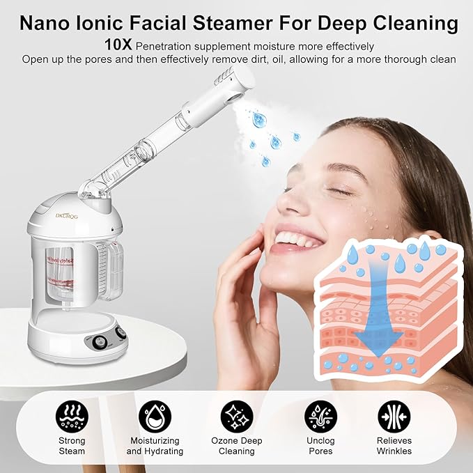 DKURQG Nano Ionic Facial Steamer with Removable Water Cup (White)