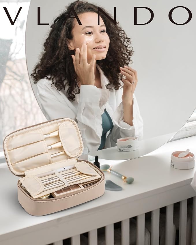 VLANDO Travel Makeup Bag with Separate Brush Storage,Toffee