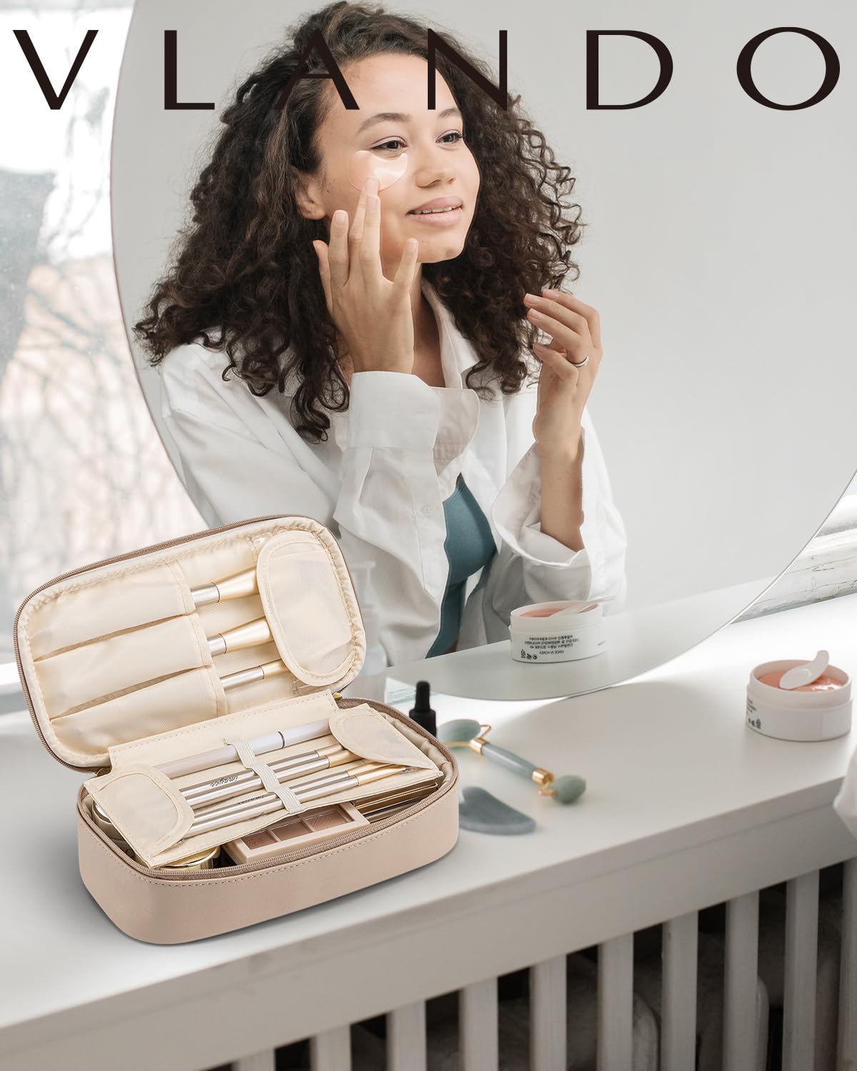 VLANDO Travel Makeup Bag with Separate Brush Storage,Toffee