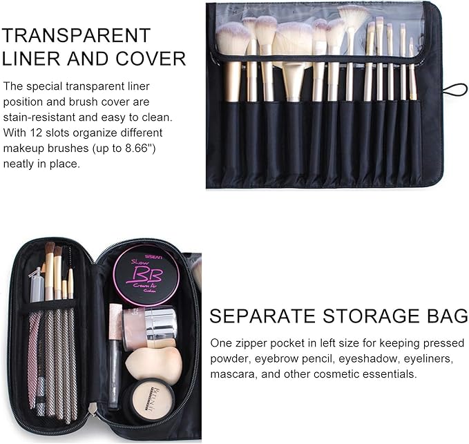 Warmstore Makeup Brush Bag, Travel Makeup Brush Case Makeup Brush Holder Organizer Cosmetic Bag Portable Roll Up Brush Storage Bag for Makeup Brushes and Cosmetic Essentials (Black)