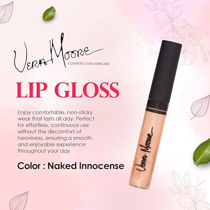 VERA MOORE COSMETICS AND SKIN CARE Lip Gloss, Moisturizing Lip Color with Shimmer for Long Lasting Shine, Lightweight Lip Stain, Non-Sticky Lip Gloss with Aloe Vera, W/Vitamin C, E (Naked Innocense)