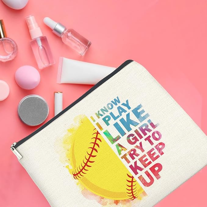 UPNEGE Inspirational Gifts for Women Softball Lovers Makeup Bag, Cosmetic Pouch With Zipper for Girls