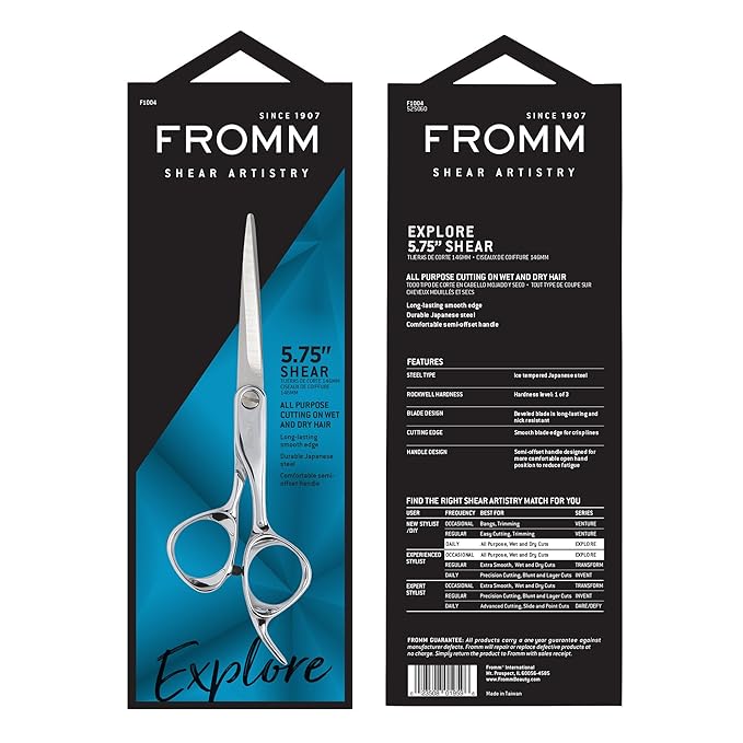 Fromm Professional Explore 5.75" Hair Cutting Shears for Wet & Dry Hair Polished Silver Japanese Steel Scissors with Beveled Blade, Professional Shears For Hair Stylist, Cosmetology & Salon Supplies