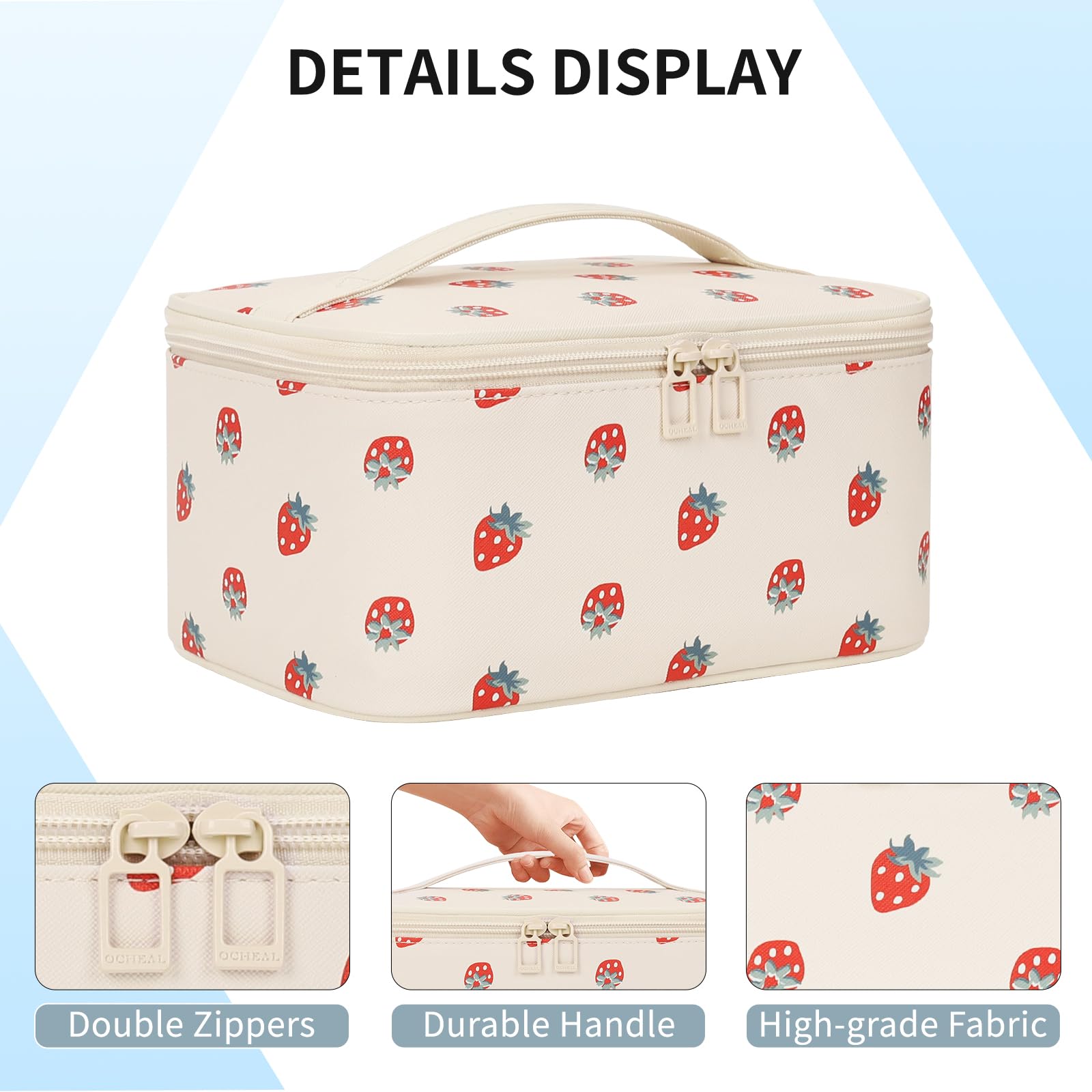 OCHEAL Makeup Bag,Travel Makeup Organizer Bag, Large Capacity Cosmetic Bags For Women Large Travel Toiletry Bag Girls Traveling With Brush Slot And Divider-PU Strawberry
