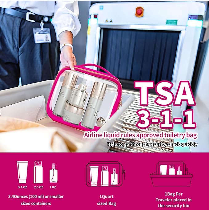 FAYORORY TSA Approved Travel Toiletry Bag,3 Pack Clear Makeup Bags with Handles,Quart Size Clear Cosmetic Bags for Traveling Women,Men,Carry on Airport Airline Compliant Bag,Rose Red