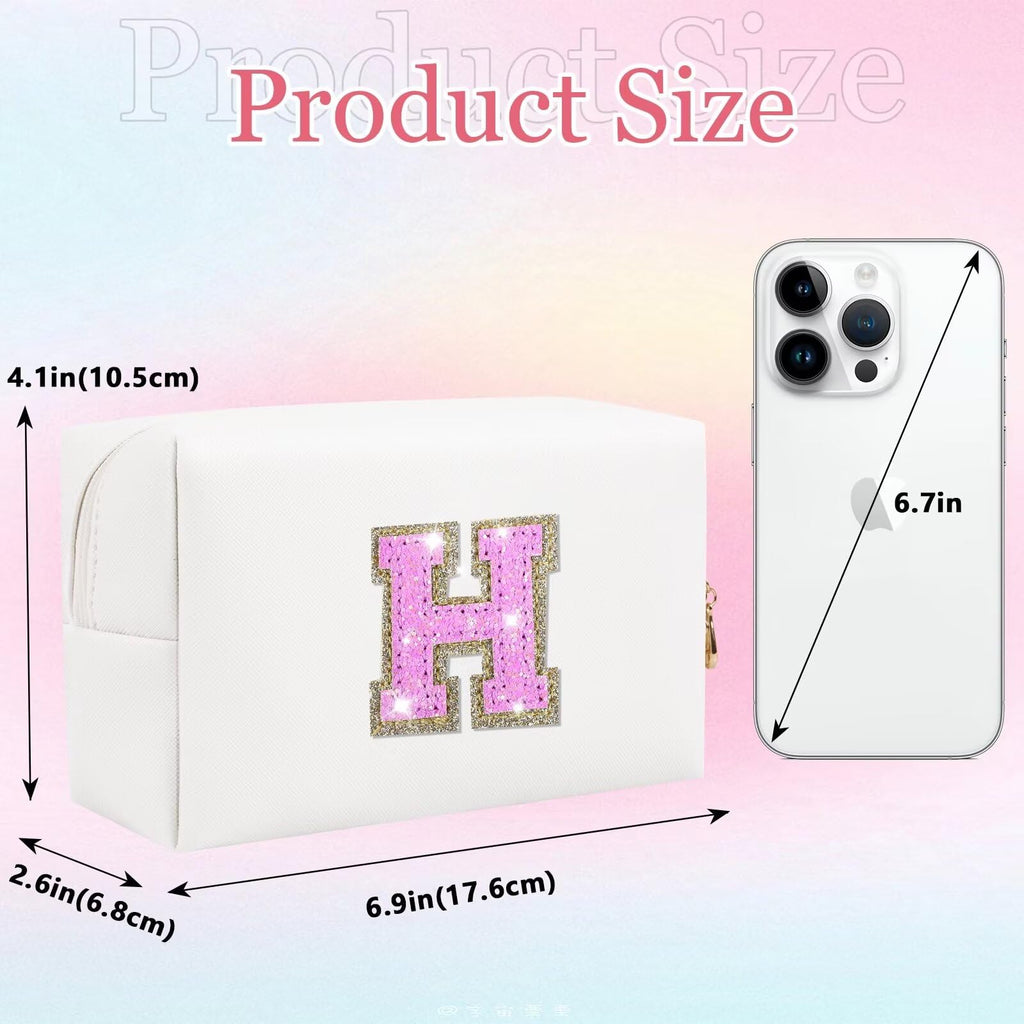 Glitter Initial Letter Makeup Bag, Small Personalized Sequins Letters PU Leather Cosmetic Bag Portable Waterproof Makeup Zipper Pouch, Shine Handbag Organizer Travel Bag Gifts for Women&Girls(White-H)