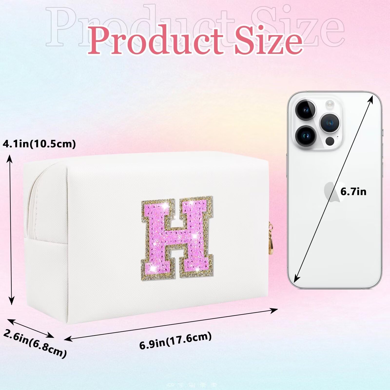 Glitter Initial Letter Makeup Bag, Small Personalized Sequins Letters PU Leather Cosmetic Bag Portable Waterproof Makeup Zipper Pouch, Shine Handbag Organizer Travel Bag Gifts for Women&Girls(White-H)