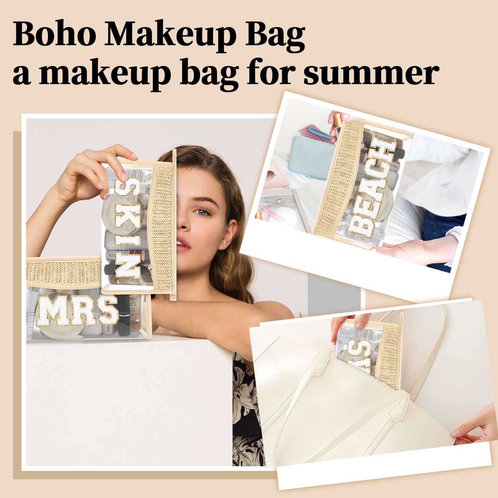 Small Boho Straw Clear Skin Makeup Bags for Women&Girls, Zipper Cosmetic Bag Chenille Varsity Letter Patch Bag, Preppy Cute Toiletry Pouch, Trendy Organizer Storage Bag for Beach Travel Essentials