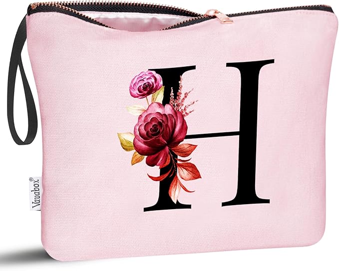 Vavabox A-Z Personalized Makeup Bag, Birthday Gifts for Women Mom, Gifts for Best Friend, Bride Bridesmaid Cosmetic bag (H, 06-Pink)