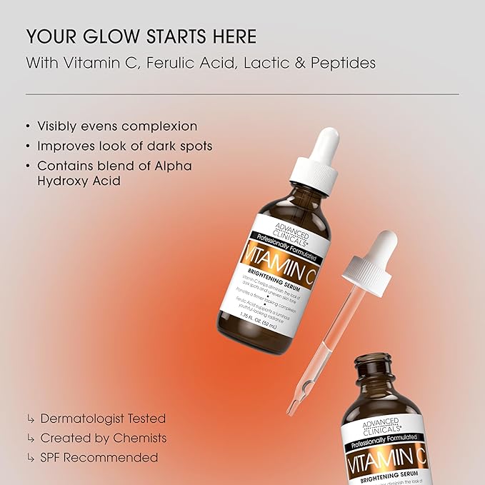 Advanced Clinicals Vitamin C Cream + Vitamin C Serum 2PC Skincare Set | Brightening Body Lotion & Facial Serum For Women & Men Helps Diminish Appearance Of Dark Spots, Wrinkles, & Uneven Skin Tone