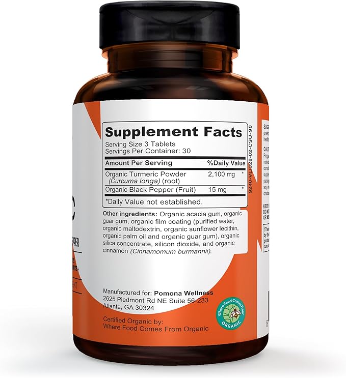 Pomona Wellness Organic Turmeric Supplement 2100 mg, 90 Tablets