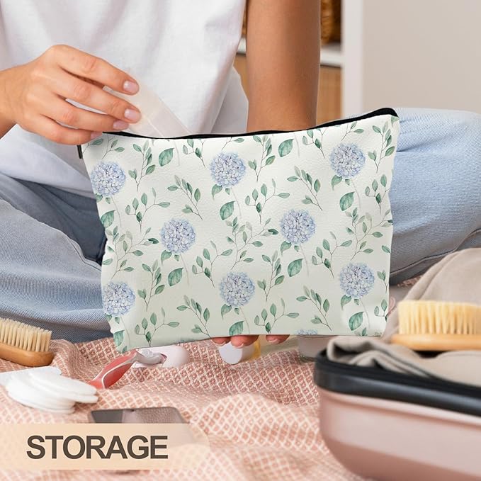 RYYCDOI Blue Hydrangea Floral Weather Makeup Bag, Cosmetic Toiletry Bag for Women, Coquette Makeup Pouch, Aesthetic Pouch, Hydrangea Gifts(PU)