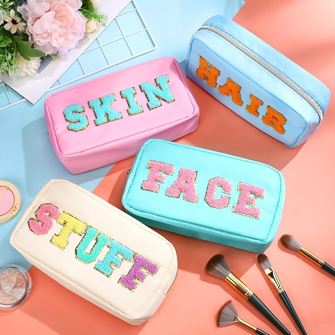 Cunno Preppy Makeup Bags Chenille Letter Stuff Bag Nylon Cosmetic Pouch Cases with Zipper for Women Travel Toiletry(Light Color,Vivid,4 Pcs)