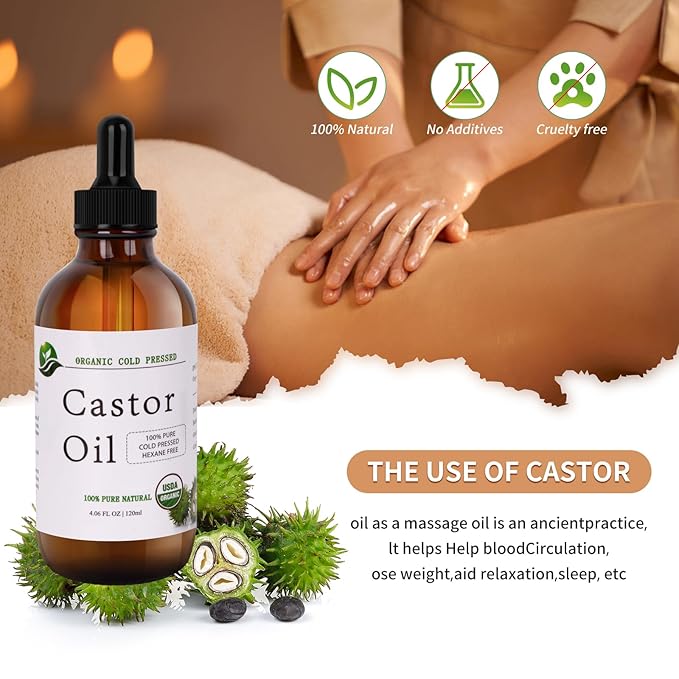 MAYLINK Castor Oil Organic Cold Pressed Unrefined Glass Bottle-Organic Certified 100% Pure Hexane Free,Organic Castor Oil for Face,Hair Growth,Eyelashes,Caster 4.23fl.oz/120ml